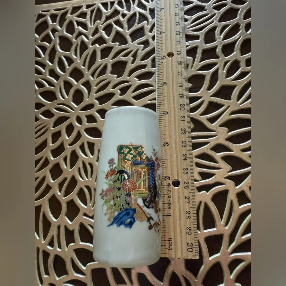 Vintage Japanese Ceramic Miniature Vase with Rickshaw Design